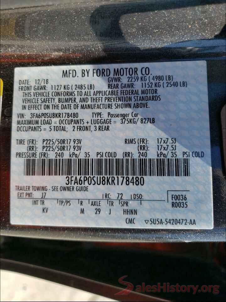 3FA6P0SU8KR178480 2019 FORD FUSION