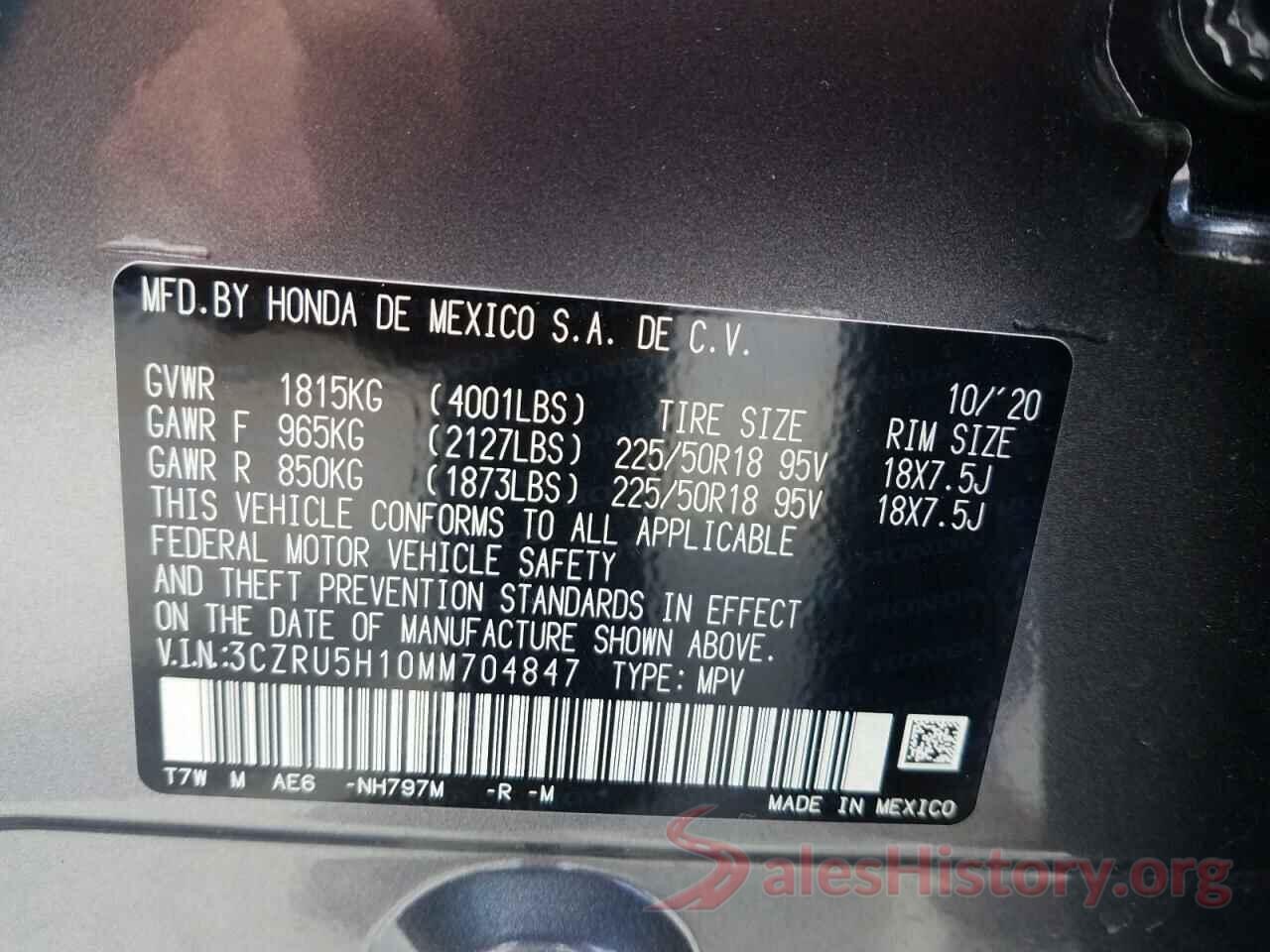 3CZRU5H10MM704847 2021 HONDA HR-V