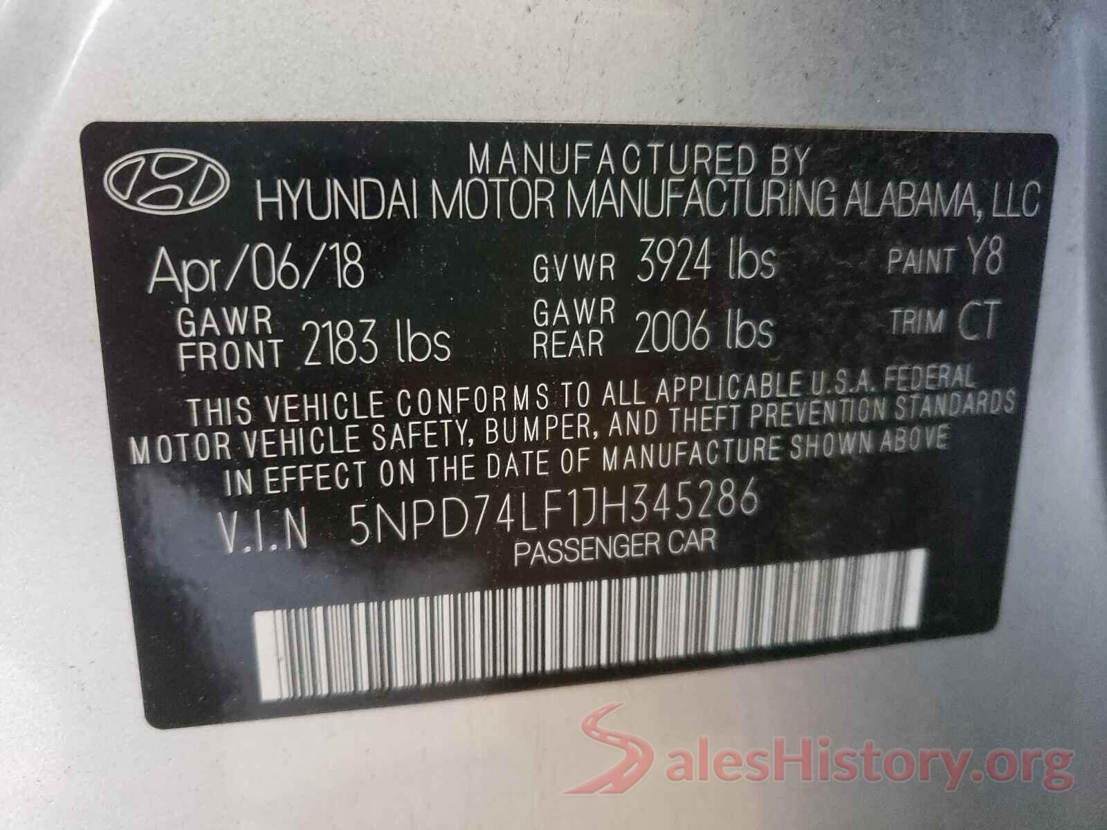 5NPD74LF1JH345286 2018 HYUNDAI ELANTRA