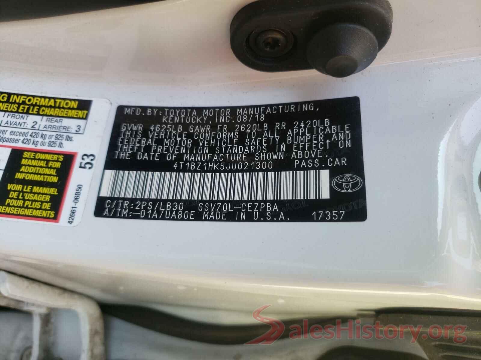 4T1BZ1HK5JU021300 2018 TOYOTA CAMRY