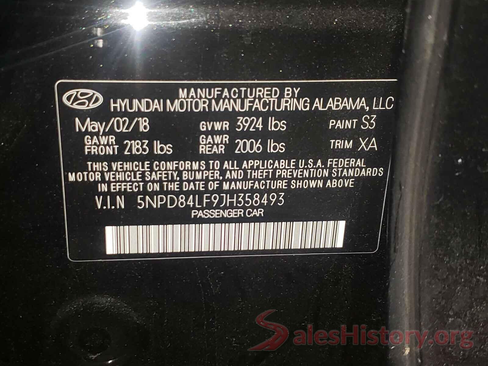 5NPD84LF9JH358493 2018 HYUNDAI ELANTRA