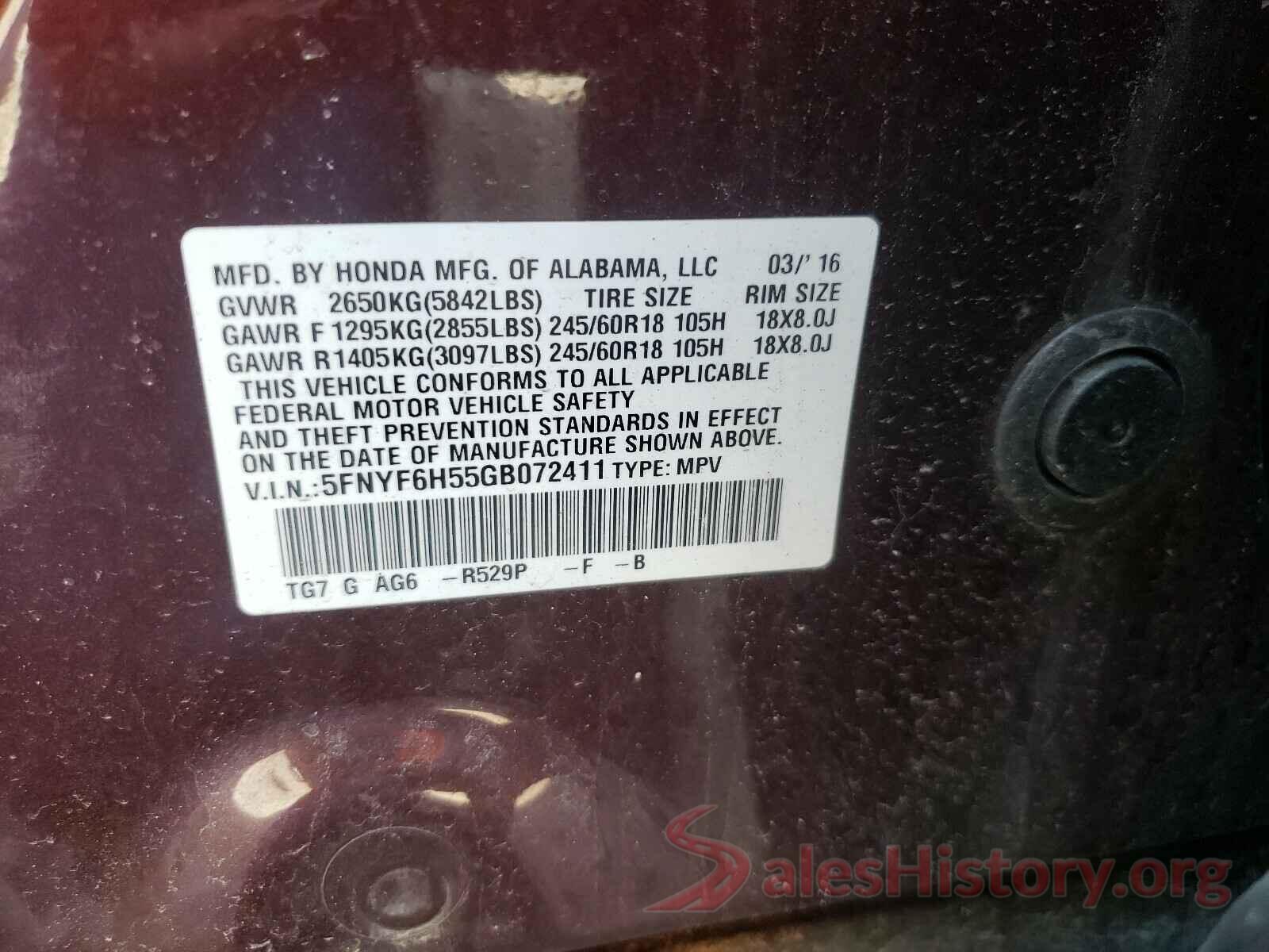 5FNYF6H55GB072411 2016 HONDA PILOT