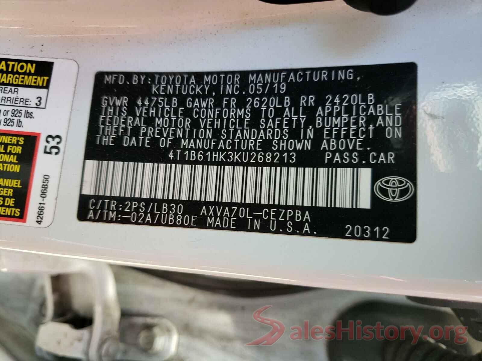 4T1B61HK3KU268213 2019 TOYOTA CAMRY