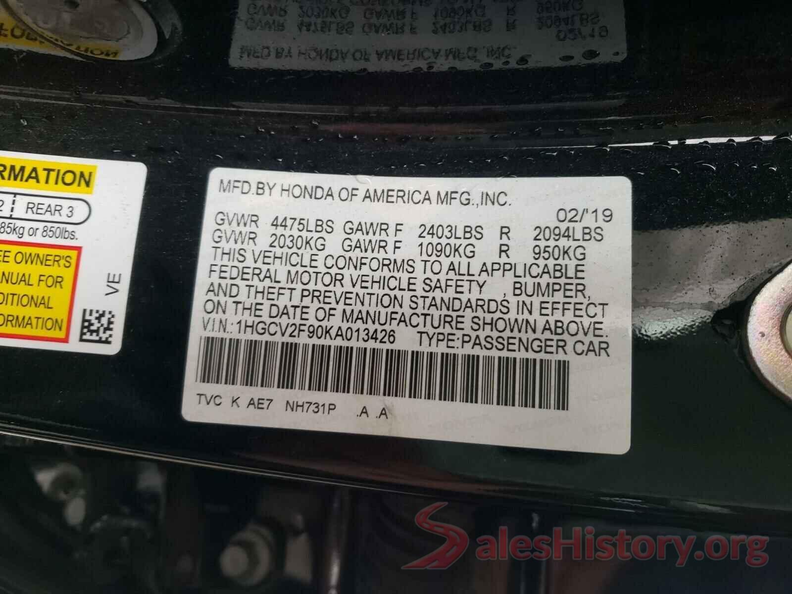 1HGCV2F90KA013426 2019 HONDA ACCORD