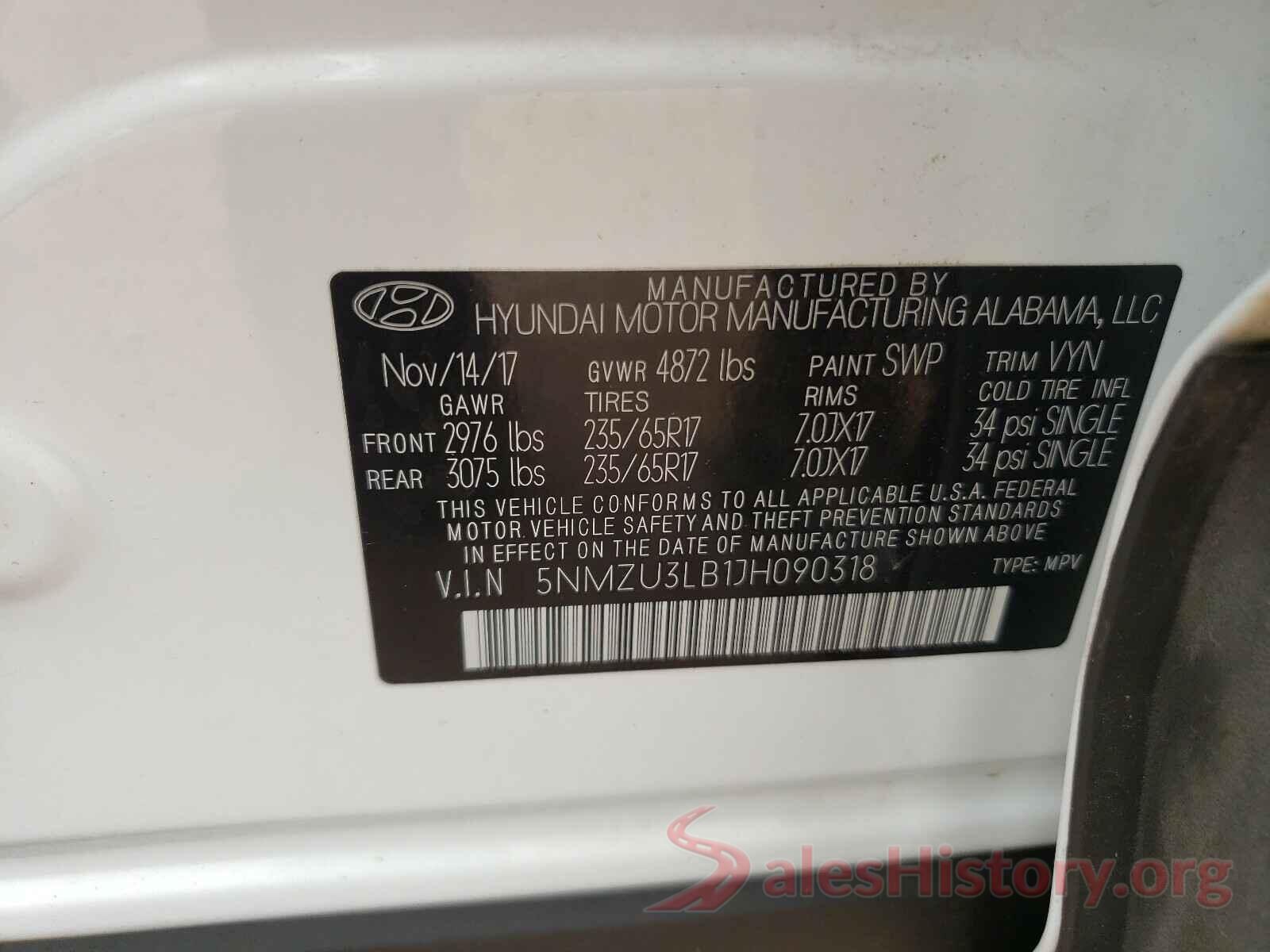 5NMZU3LB1JH090318 2018 HYUNDAI SANTA FE