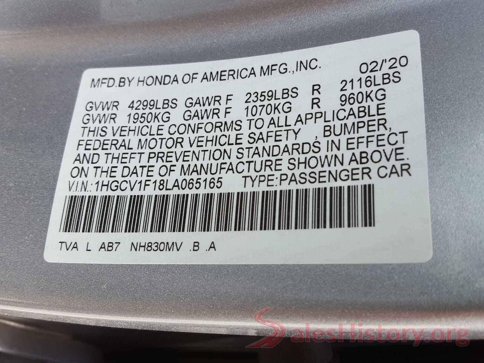 1HGCV1F18LA065165 2020 HONDA ACCORD