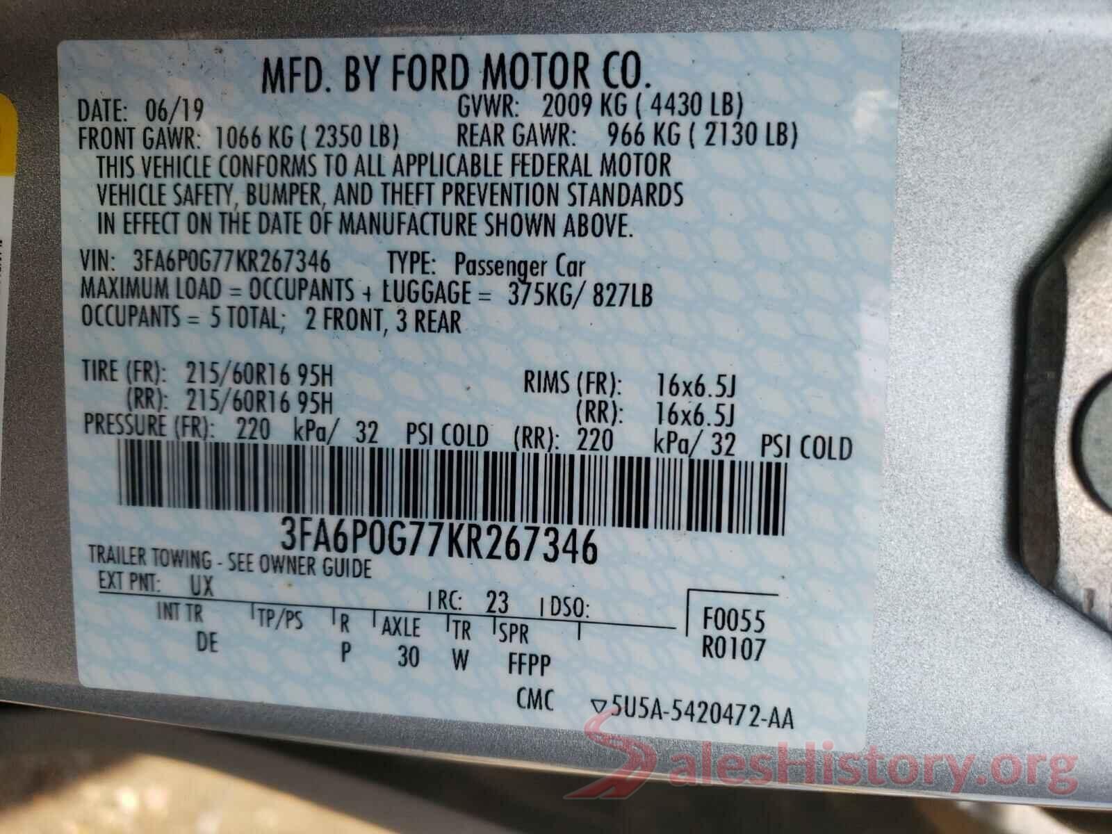 3FA6P0G77KR267346 2019 FORD FUSION