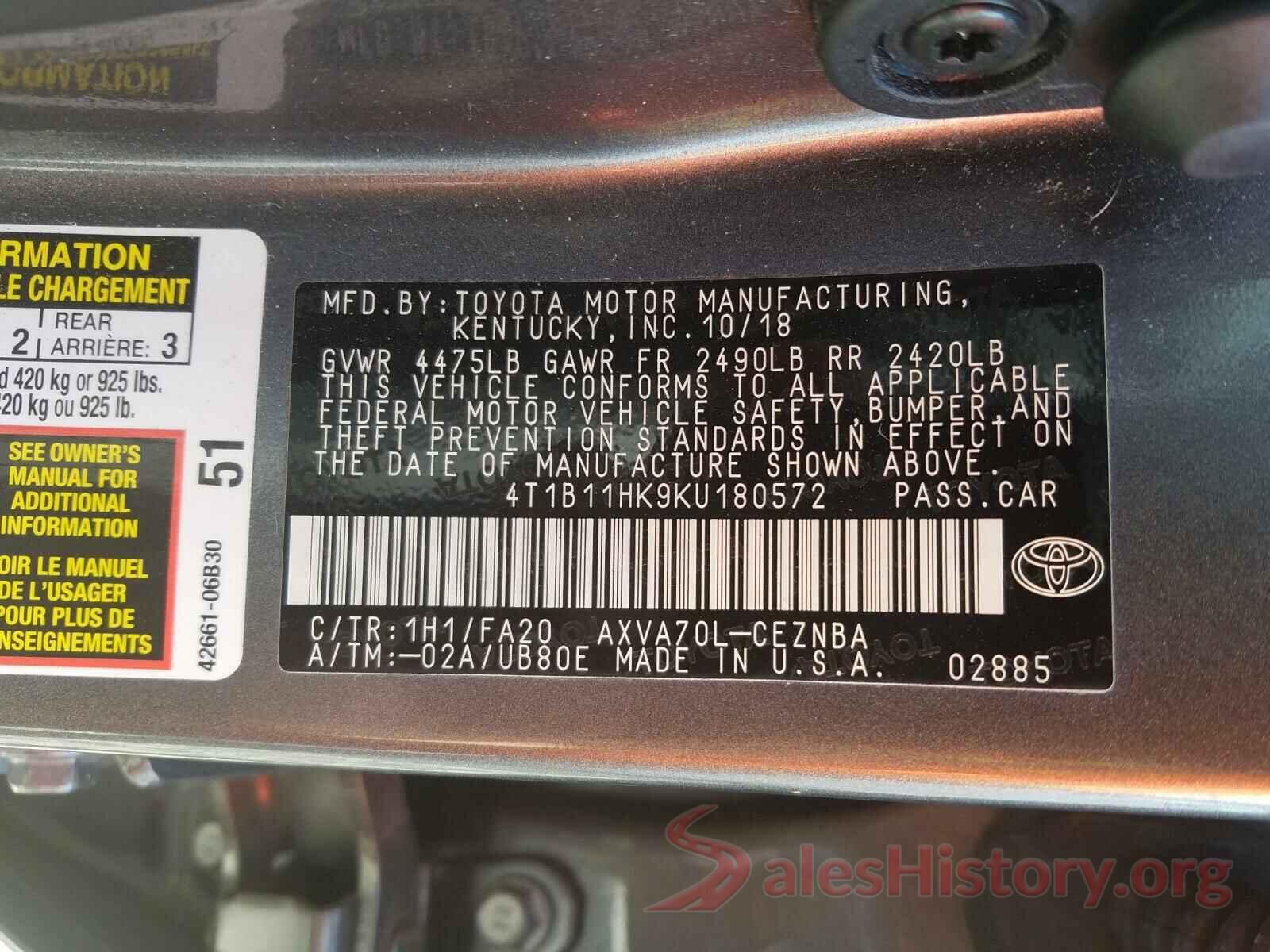 4T1B11HK9KU180572 2019 TOYOTA CAMRY