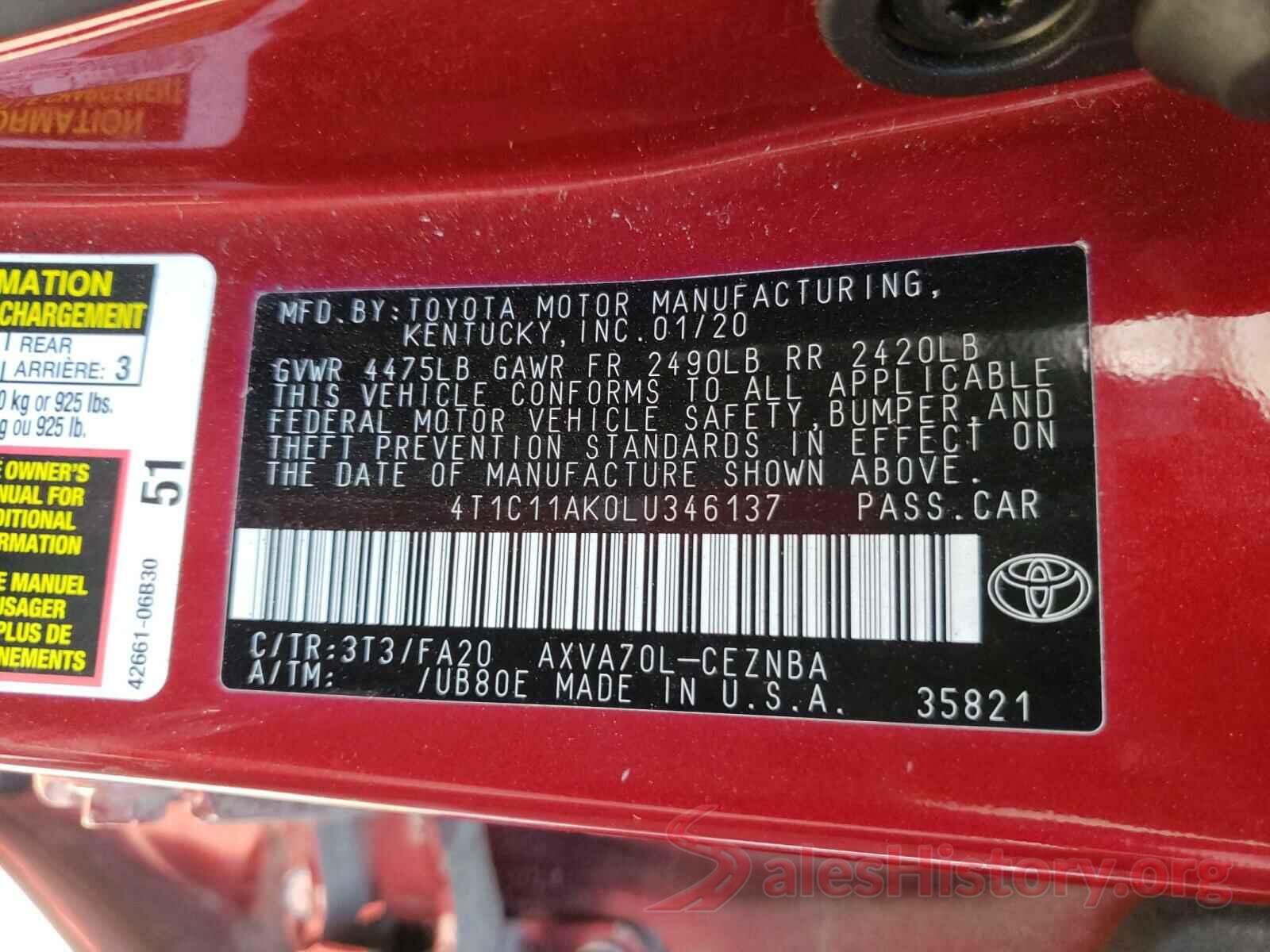 4T1C11AK0LU346137 2020 TOYOTA CAMRY