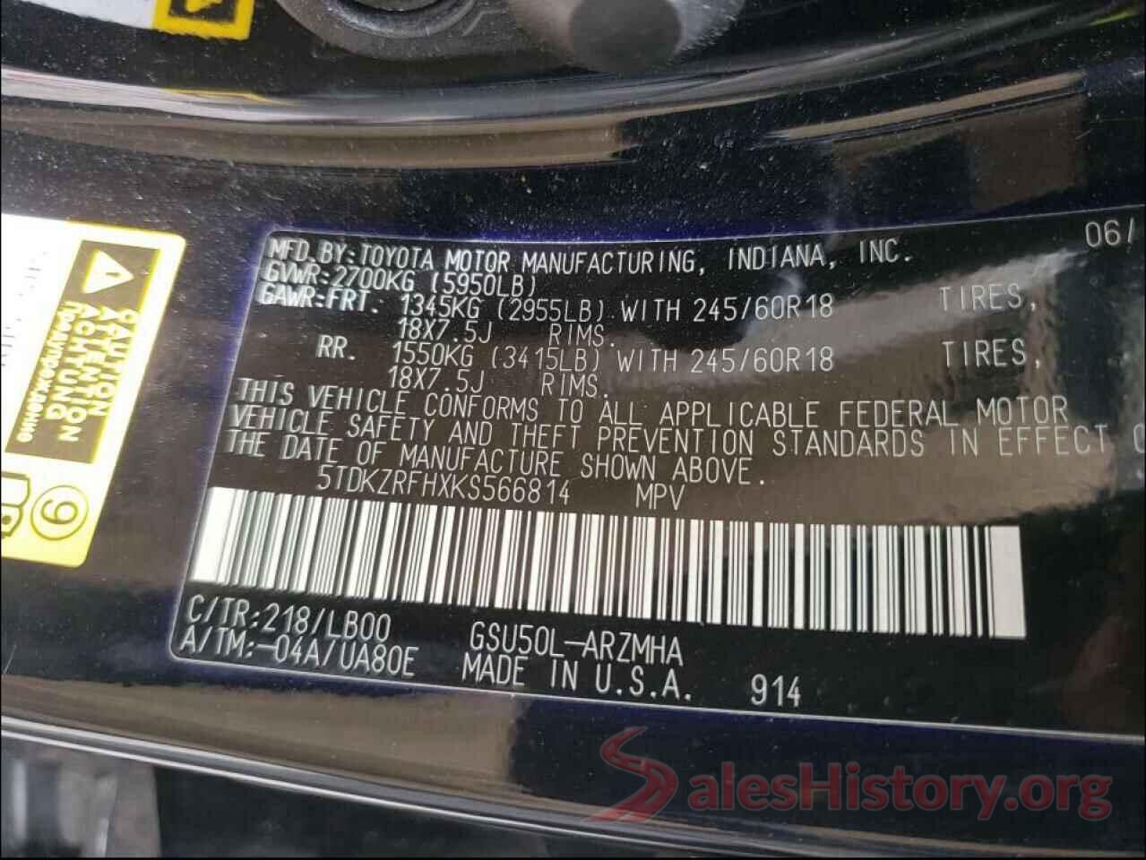 5TDKZRFHXKS566814 2019 TOYOTA HIGHLANDER