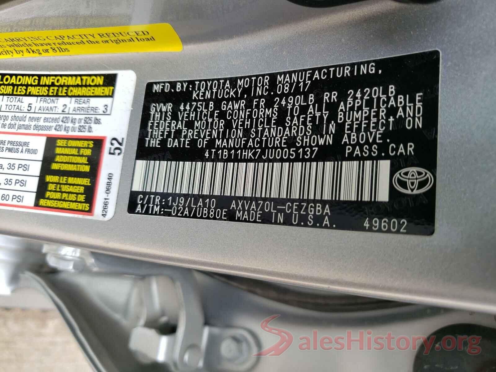 4T1B11HK7JU005137 2018 TOYOTA CAMRY