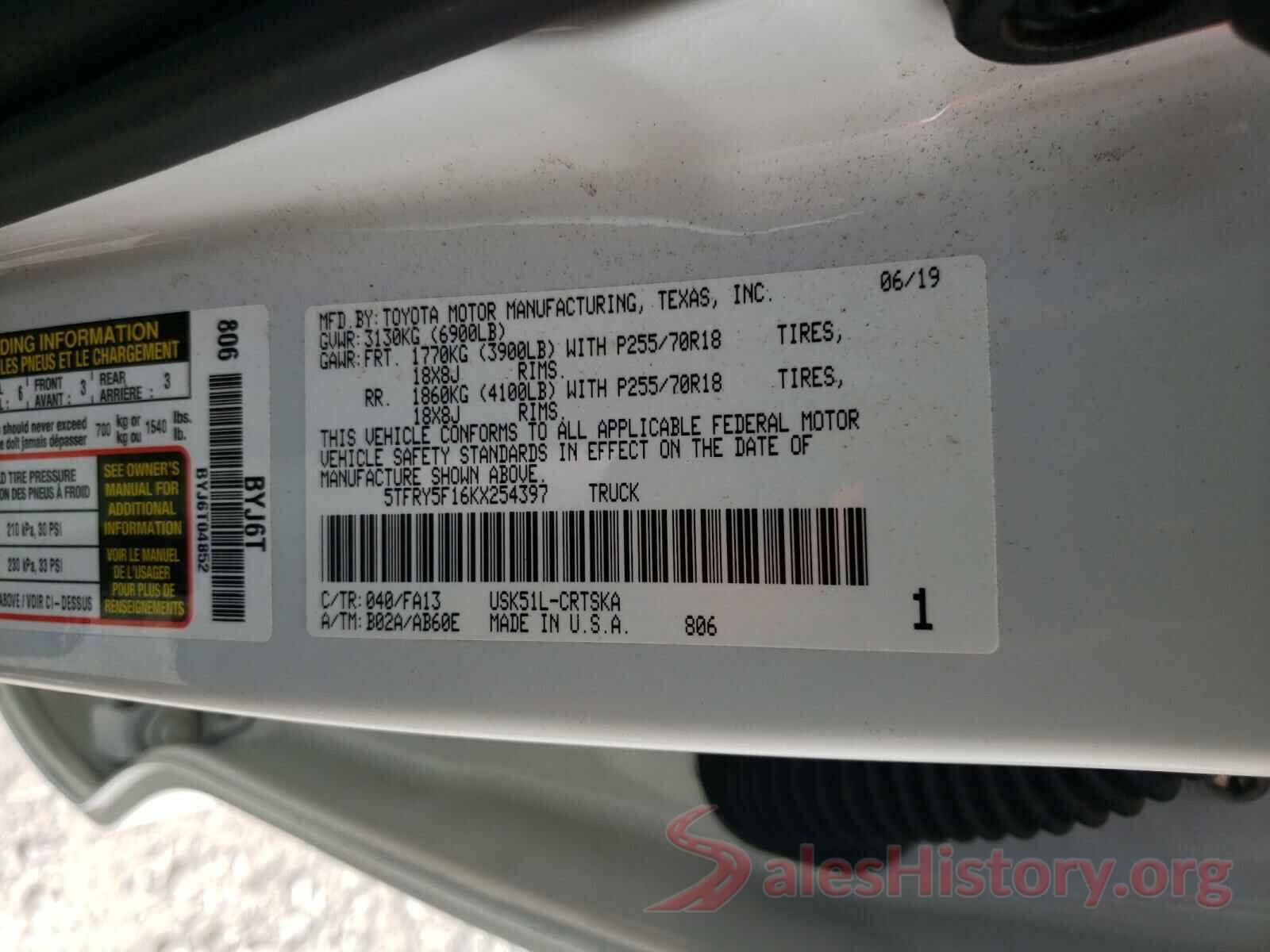 5TFRY5F16KX254397 2019 TOYOTA TUNDRA