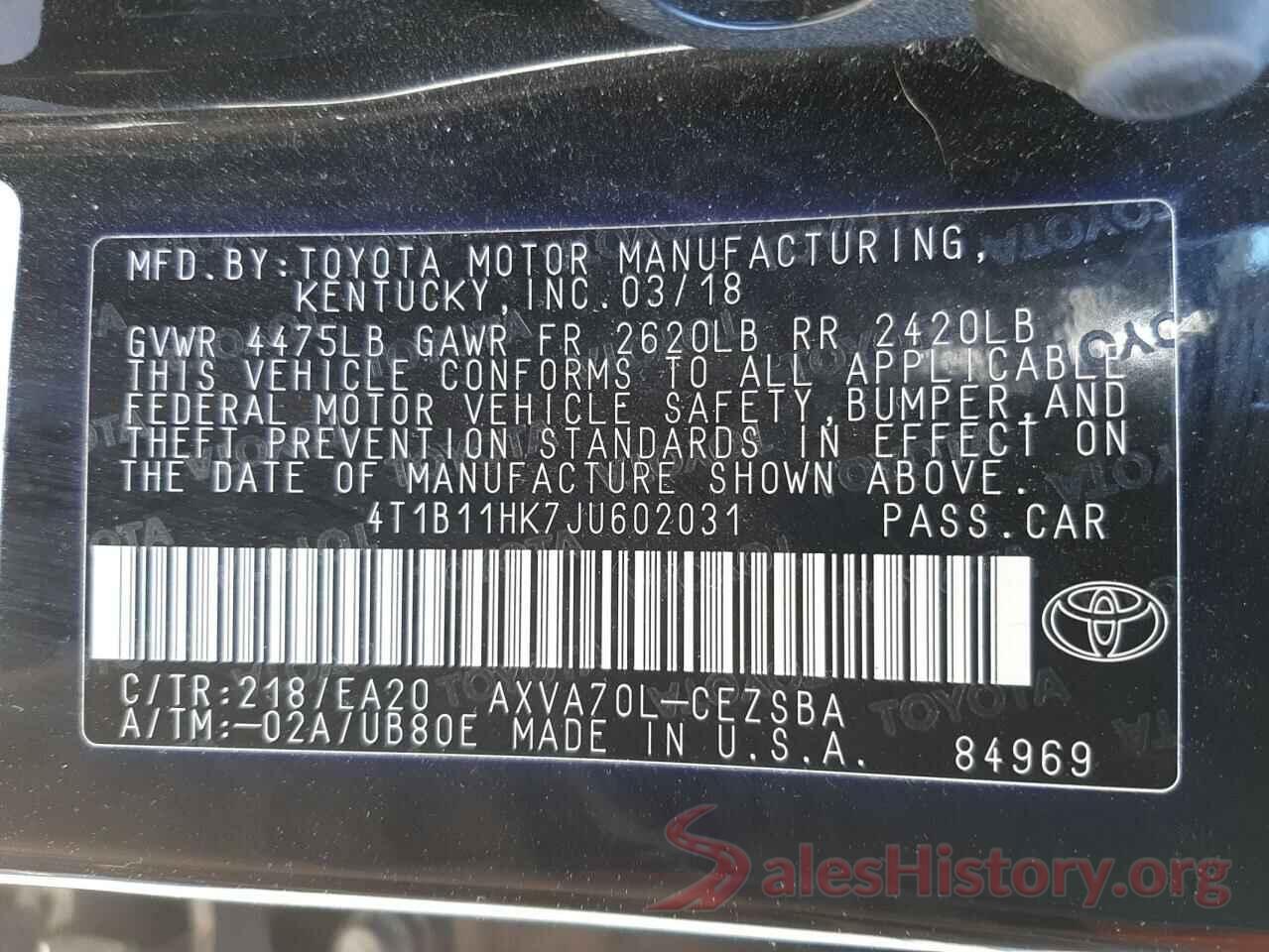 4T1B11HK7JU602031 2018 TOYOTA CAMRY