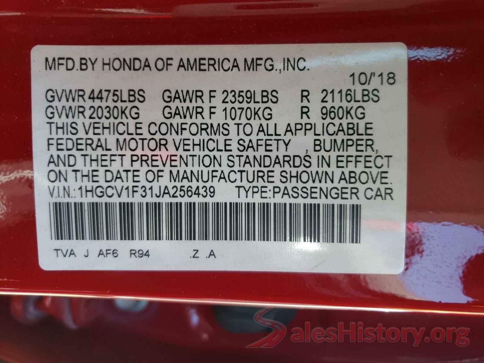 1HGCV1F31JA256439 2018 HONDA ACCORD