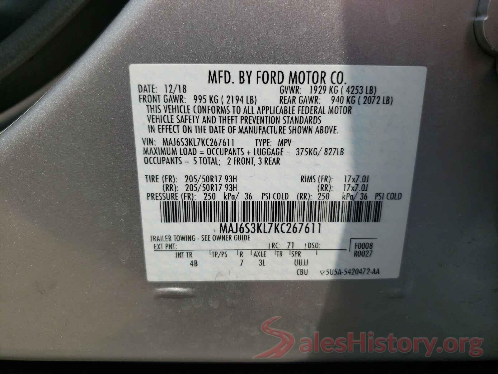 MAJ6S3KL7KC267611 2019 FORD ALL OTHER