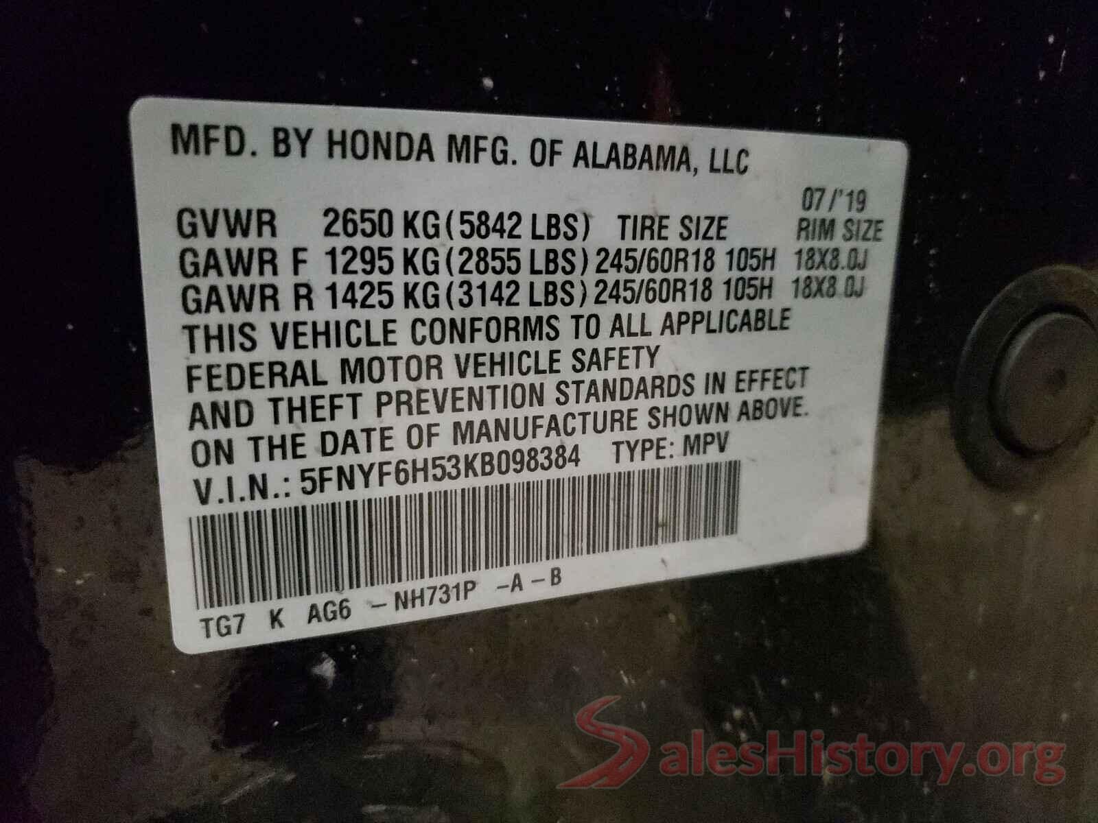 5FNYF6H53KB098384 2019 HONDA PILOT