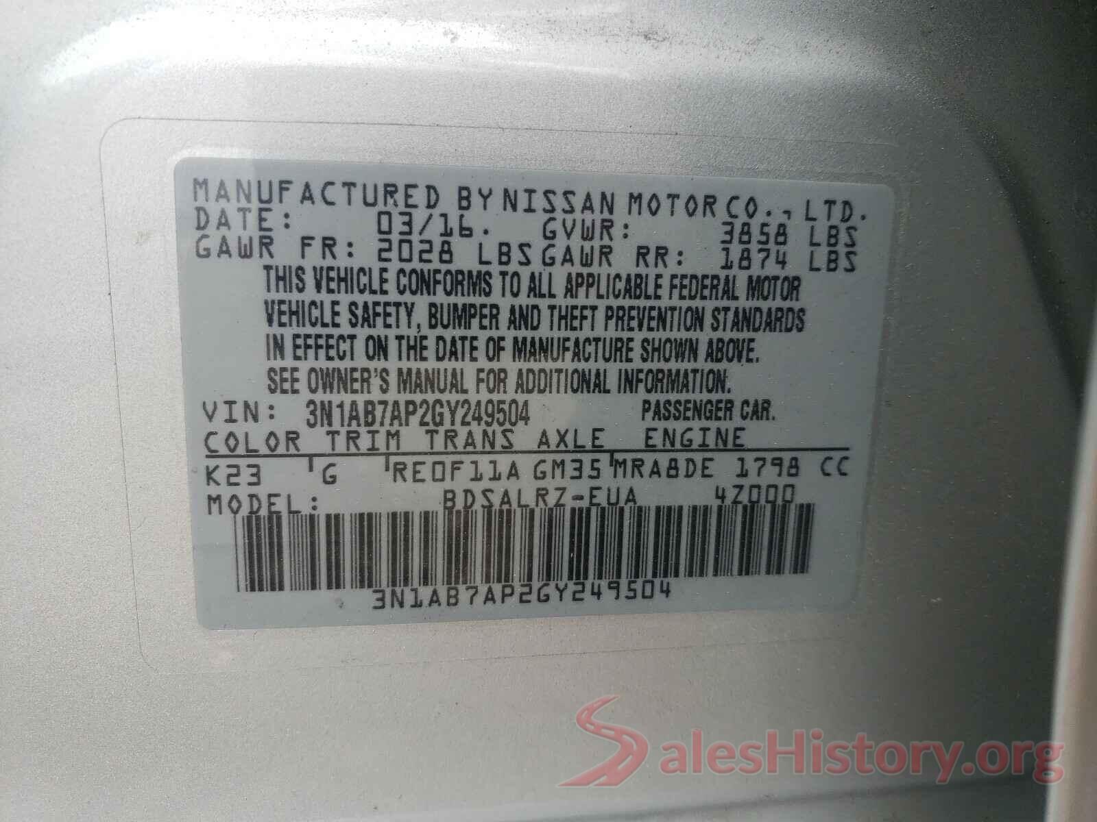 3N1AB7AP2GY249504 2016 NISSAN SENTRA