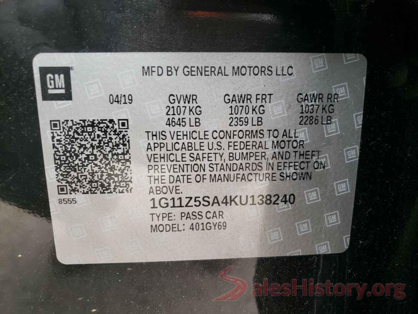 1G11Z5SA4KU138240 2019 CHEVROLET IMPALA