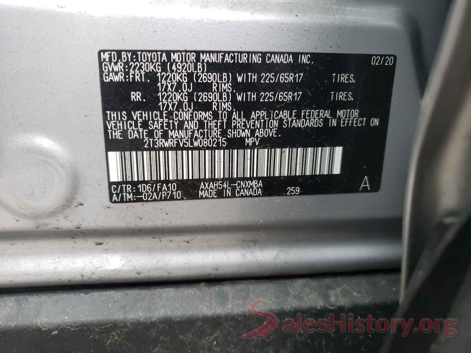 2T3RWRFV5LW080215 2020 TOYOTA RAV4