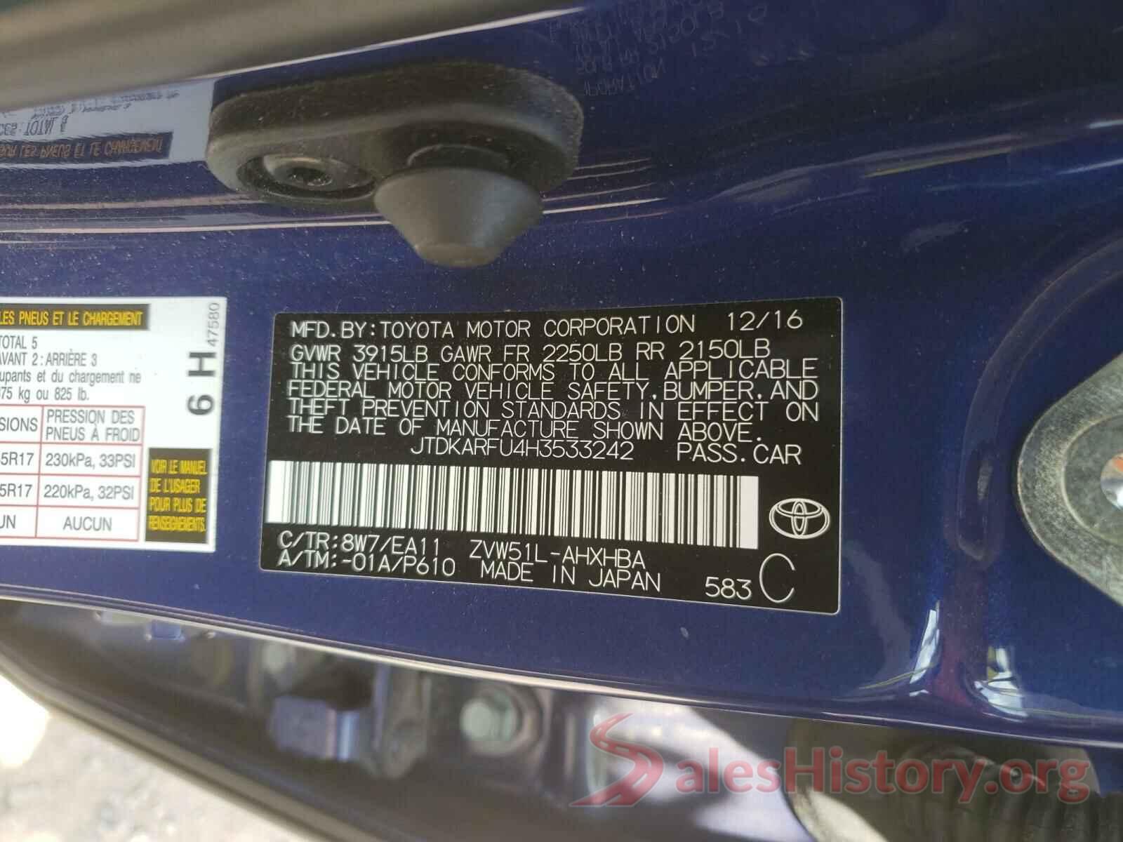 JTDKARFU4H3533242 2017 TOYOTA PRIUS