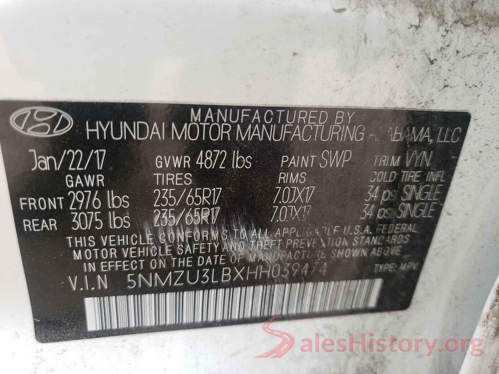 5NMZU3LBXHH039474 2017 HYUNDAI SANTA FE