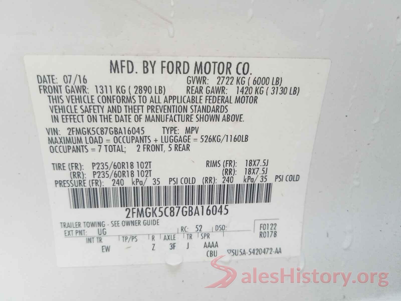 2FMGK5C87GBA16045 2016 FORD FLEX