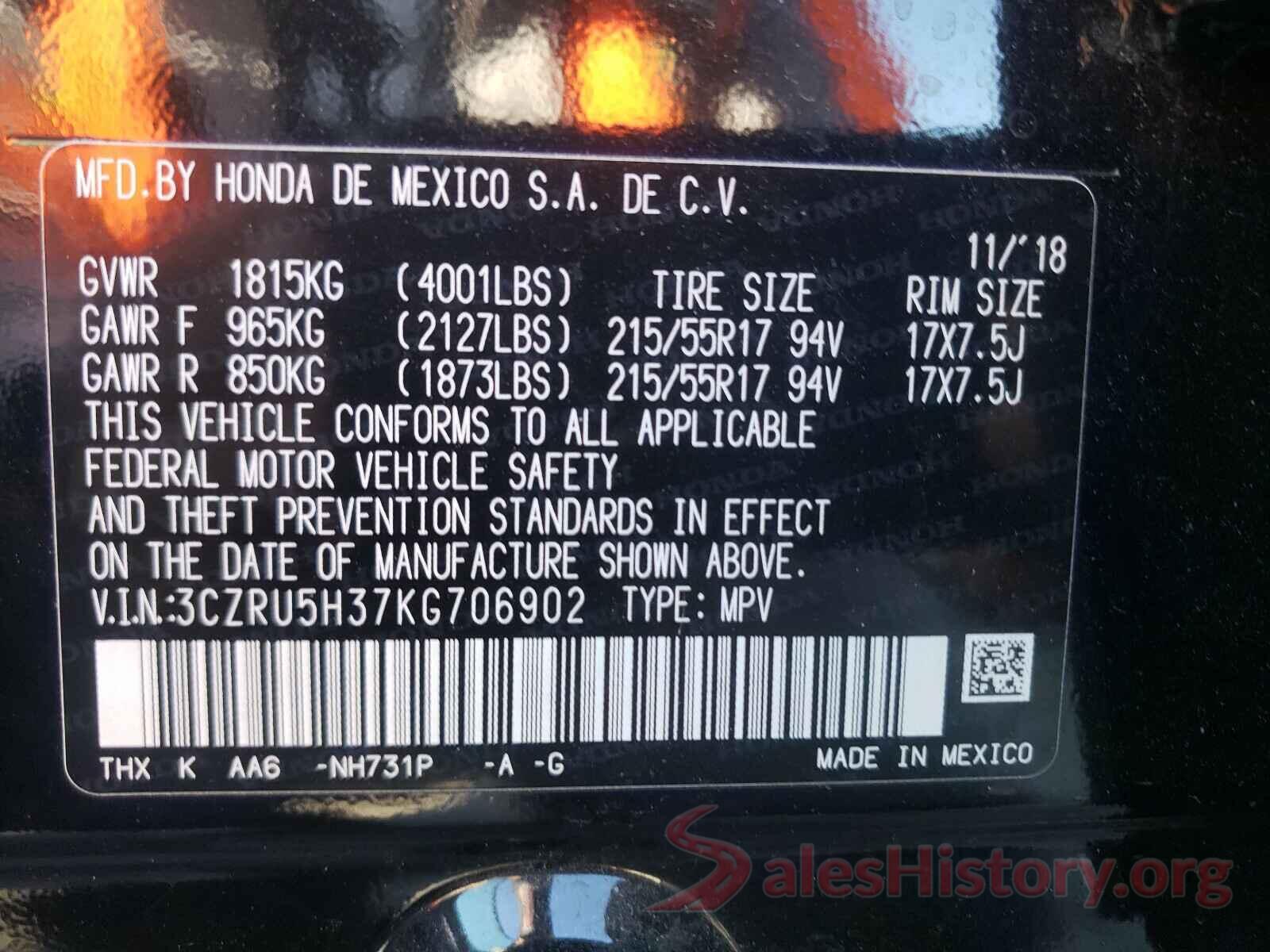 3CZRU5H37KG706902 2019 HONDA HR-V