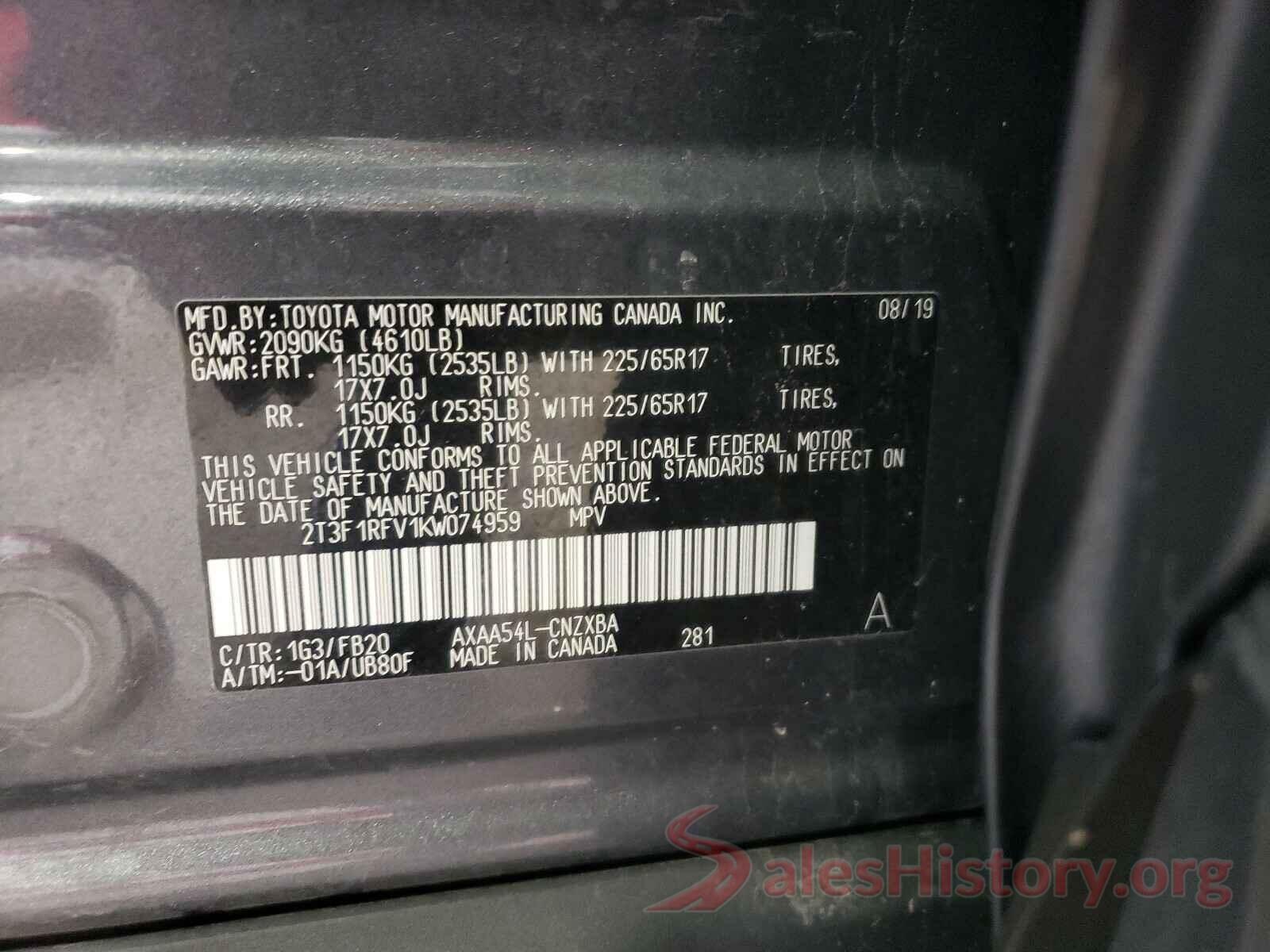 2T3F1RFV1KW074959 2019 TOYOTA RAV4