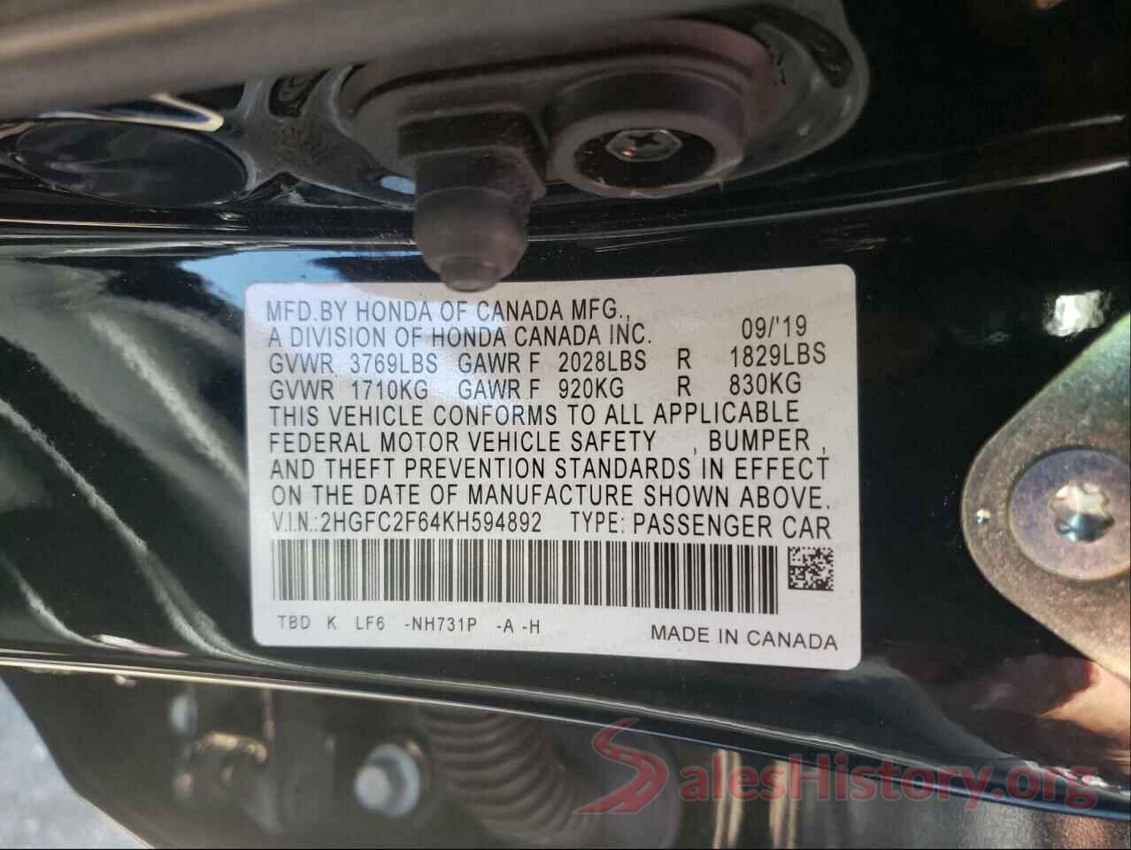 2HGFC2F64KH594892 2019 HONDA CIVIC