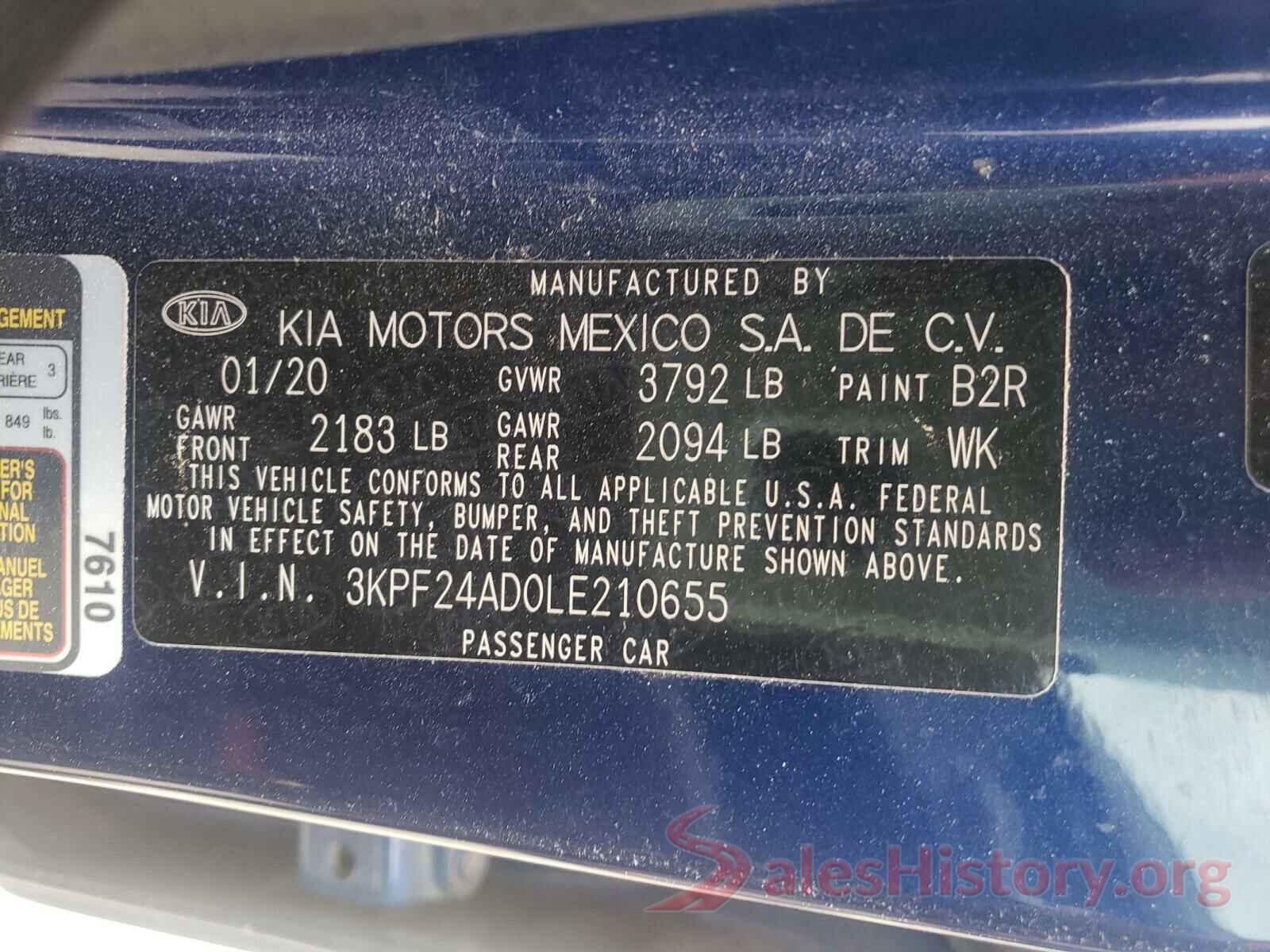 3KPF24AD0LE210655 2020 KIA FORTE