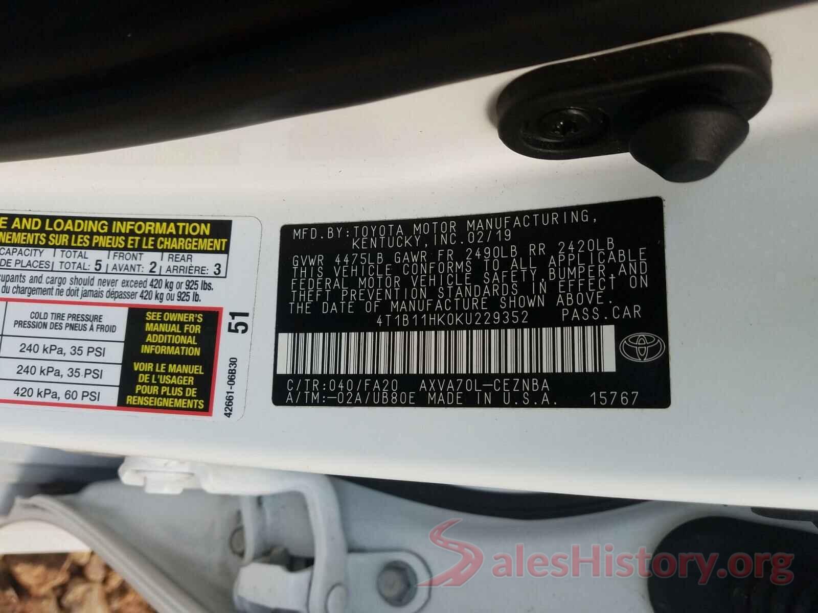 4T1B11HK0KU229352 2019 TOYOTA CAMRY