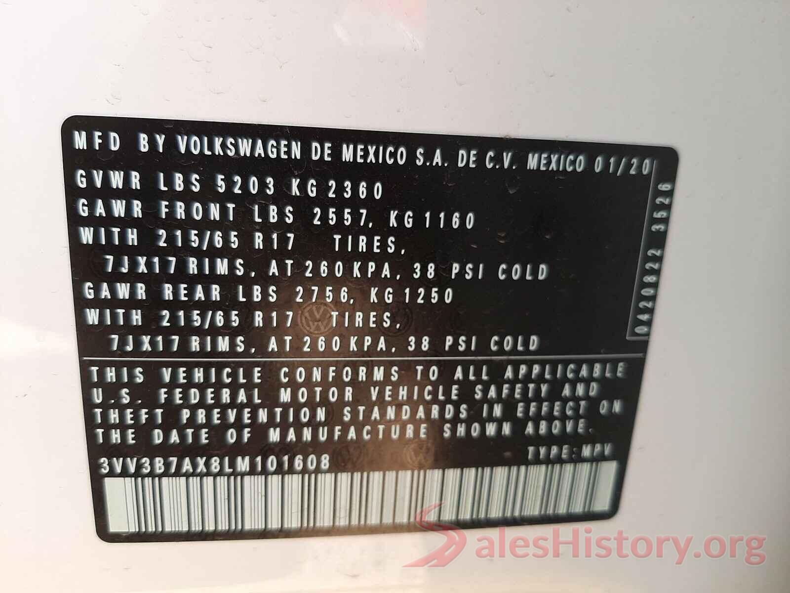 3VV3B7AX8LM101608 2020 VOLKSWAGEN TIGUAN