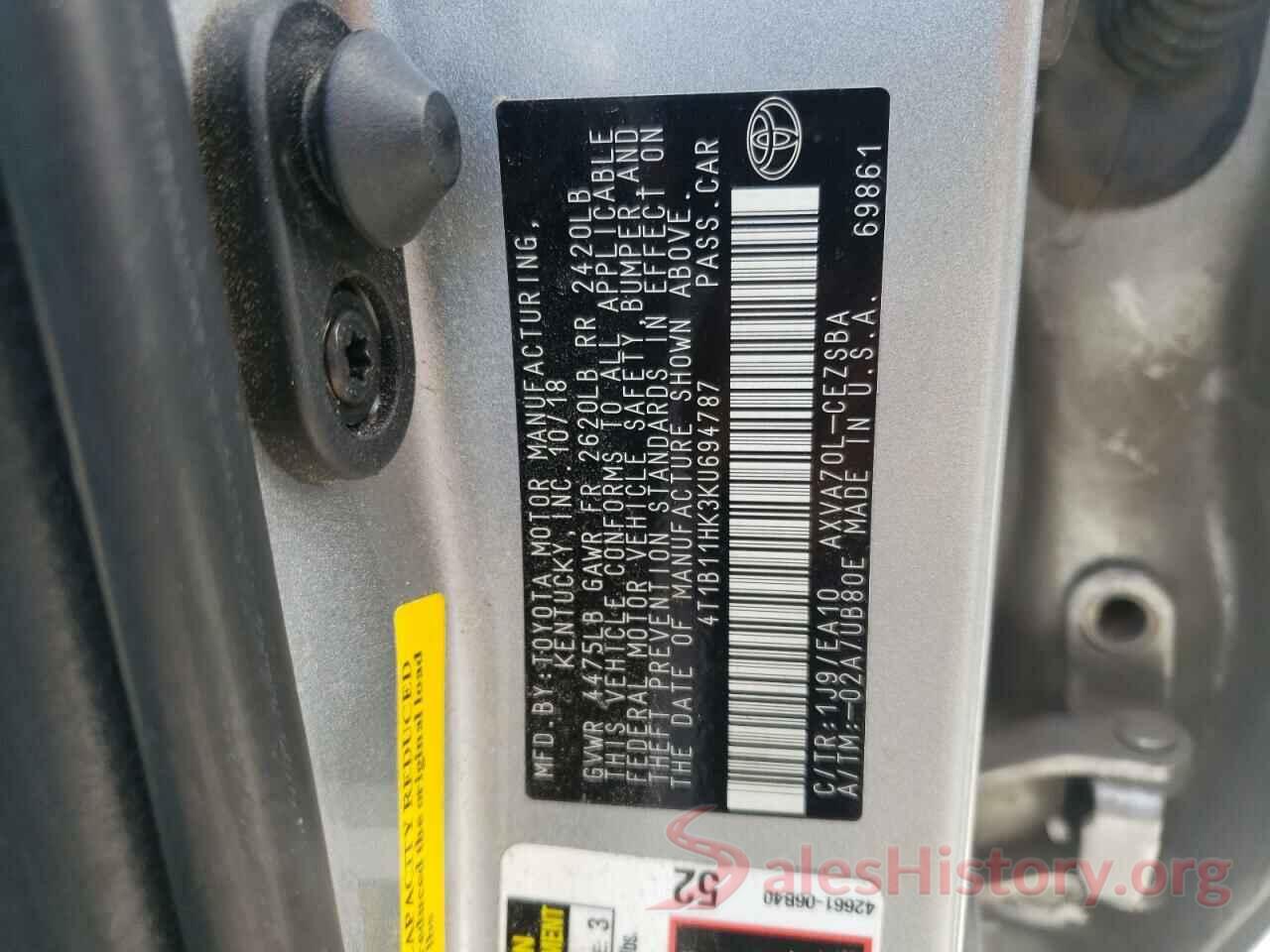 4T1B11HK3KU694787 2019 TOYOTA CAMRY