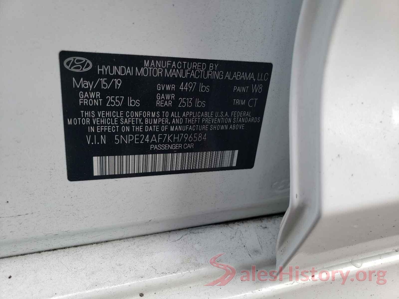 5NPE24AF7KH796584 2019 HYUNDAI SONATA