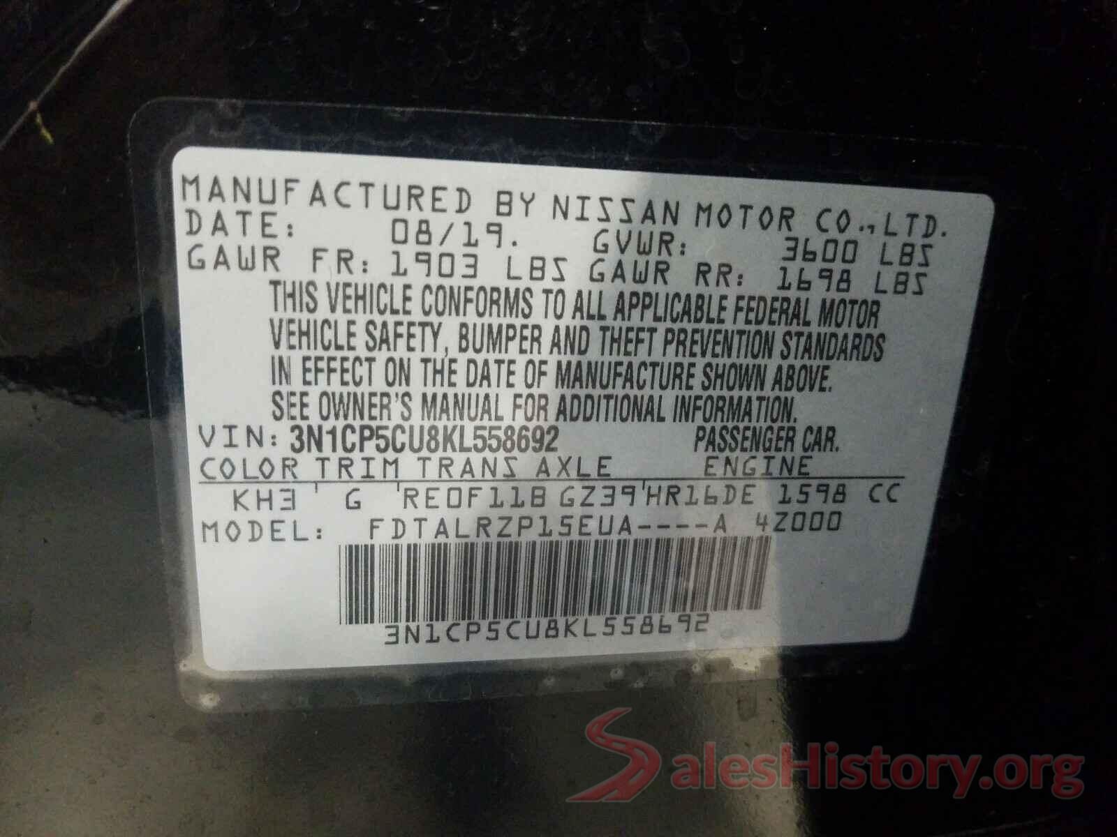 3N1CP5CU8KL558692 2019 NISSAN KICKS