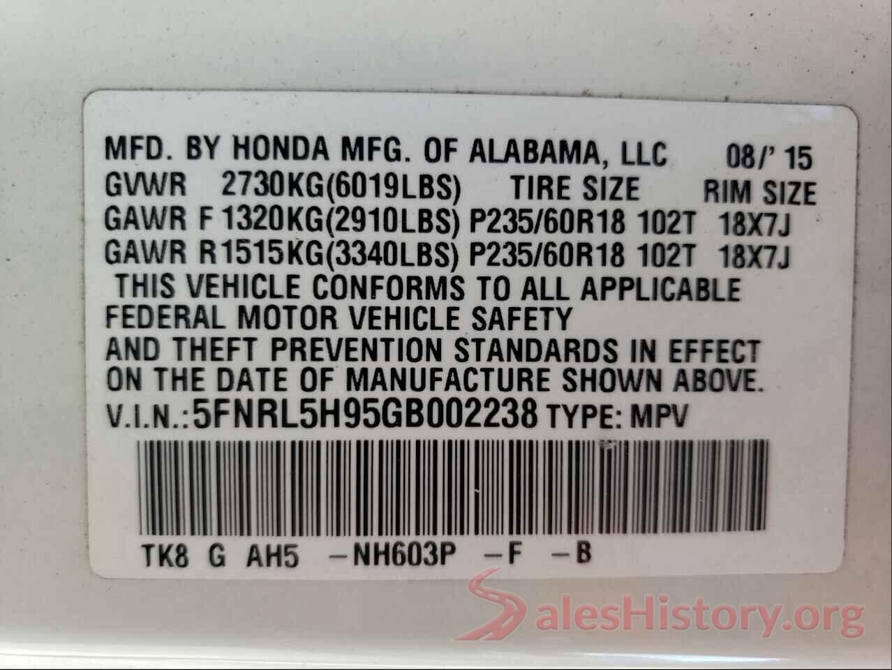 5FNRL5H95GB002238 2016 HONDA ODYSSEY