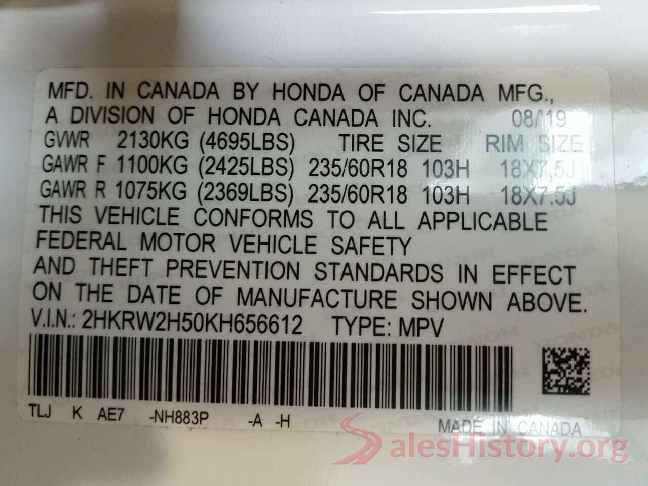 2HKRW2H50KH656612 2019 HONDA CRV