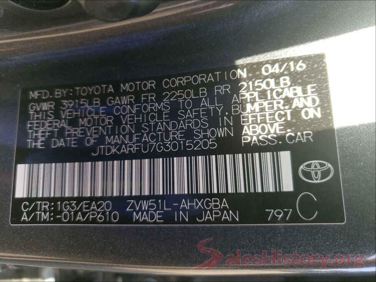 JTDKARFU7G3015205 2016 TOYOTA PRIUS