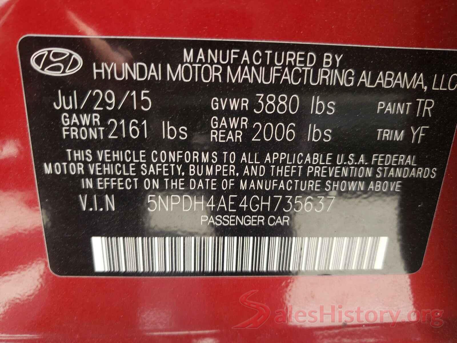 5NPDH4AE4GH735637 2016 HYUNDAI ELANTRA