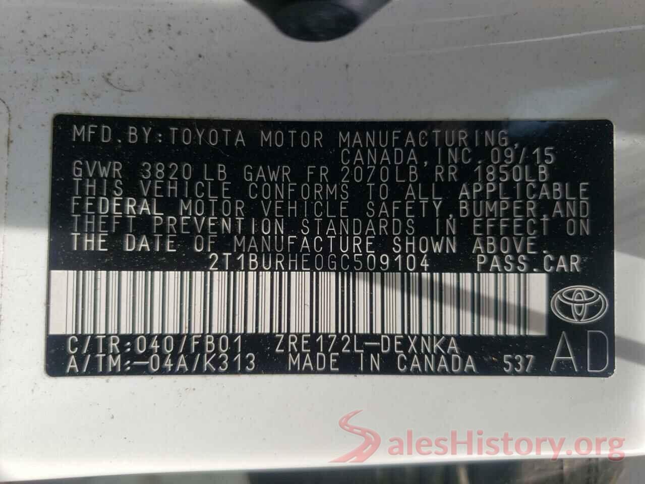 2T1BURHE0GC509104 2016 TOYOTA COROLLA