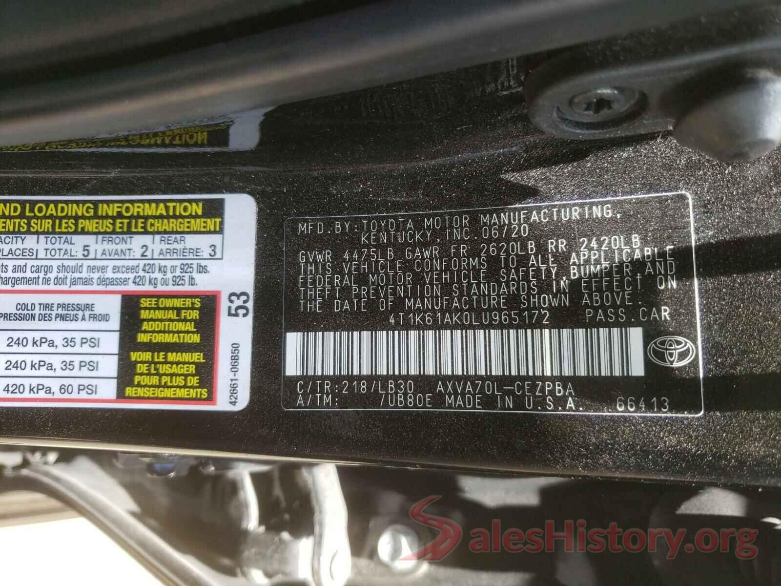 4T1K61AK0LU965172 2020 TOYOTA CAMRY