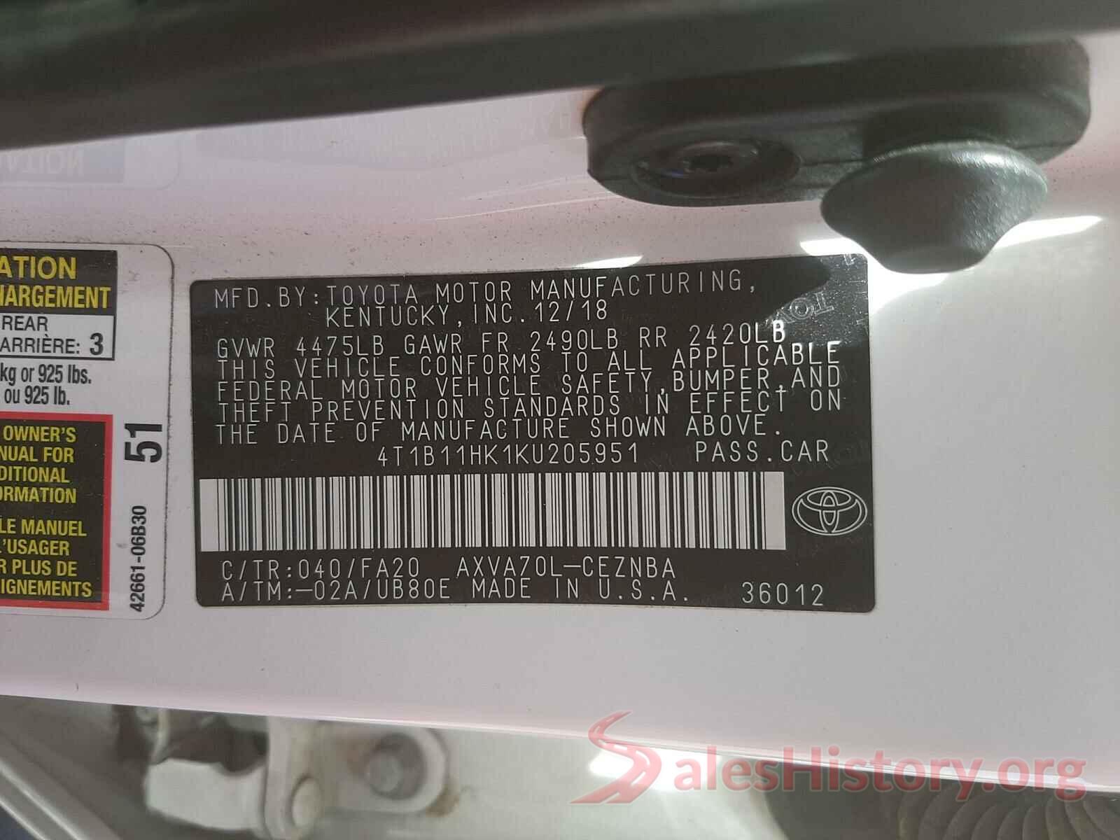 4T1B11HK1KU205951 2019 TOYOTA CAMRY