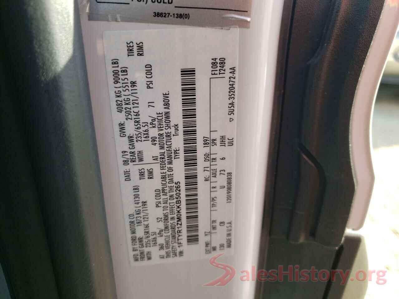 1FTYR1ZM0KKB50265 2019 FORD TRANSIT CO