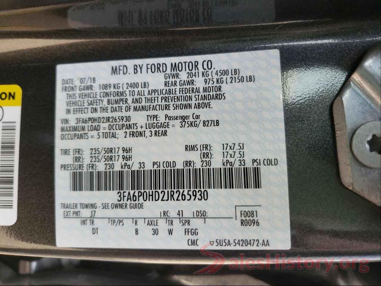 3FA6P0HD2JR265930 2018 FORD FUSION