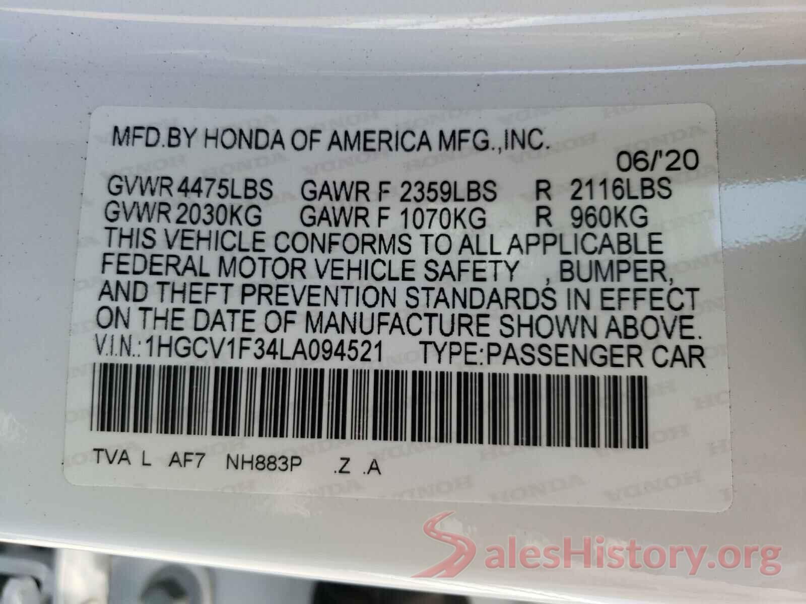 1HGCV1F34LA094521 2020 HONDA ACCORD