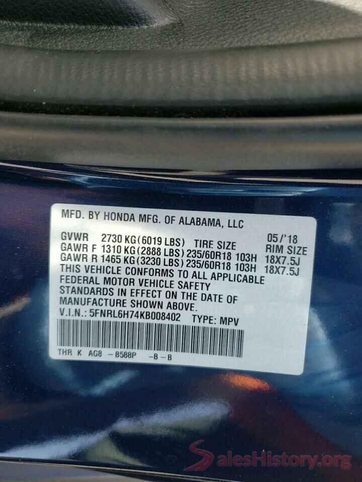 5FNRL6H74KB008402 2019 HONDA ODYSSEY