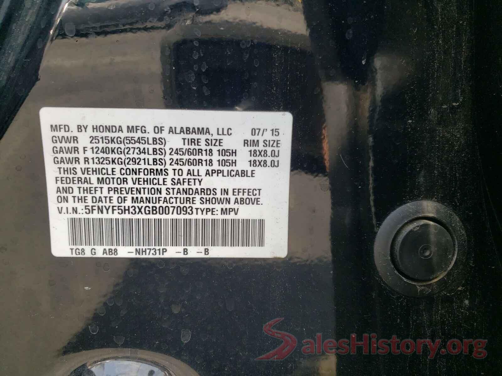 5FNYF5H3XGB007093 2016 HONDA PILOT