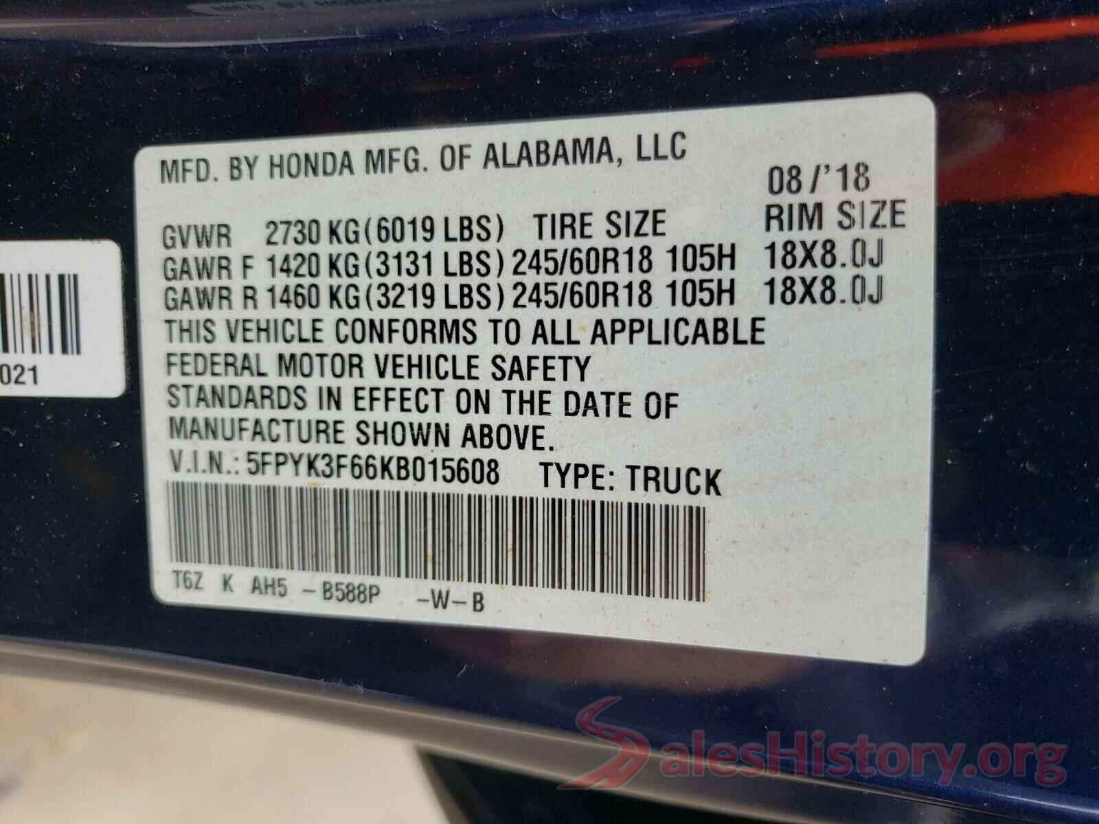 5FPYK3F66KB015608 2019 HONDA RIDGELINE