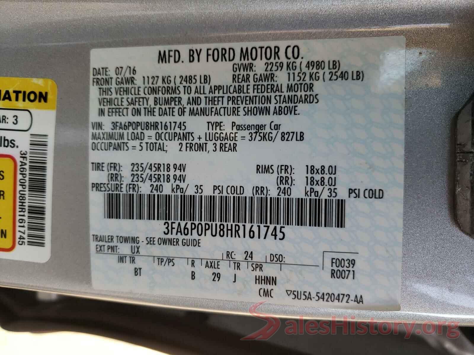 3FA6P0PU8HR161745 2017 FORD FUSION