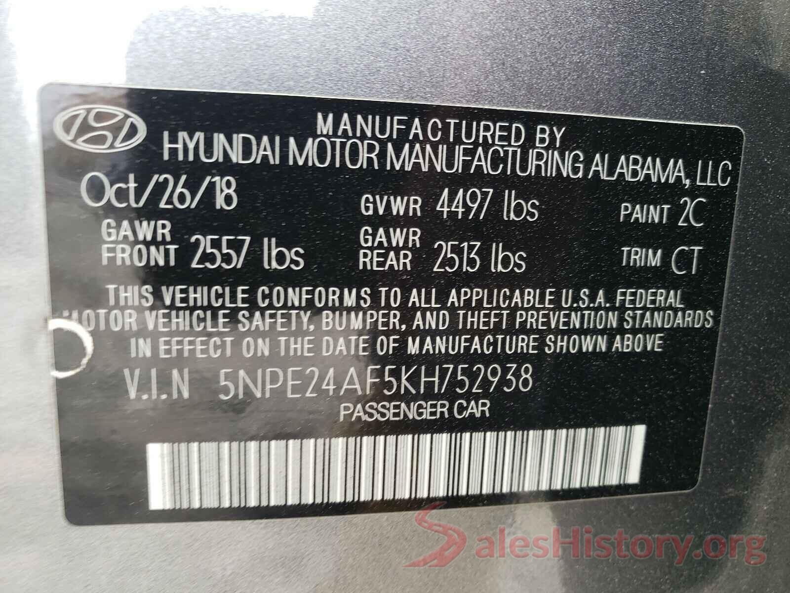 5NPE24AF5KH752938 2019 HYUNDAI SONATA